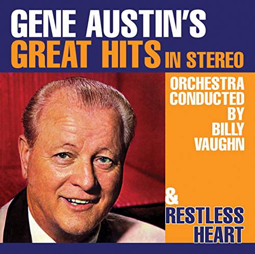 "CD cover featuring Gene Austin, with red curtain and blue and orange text."