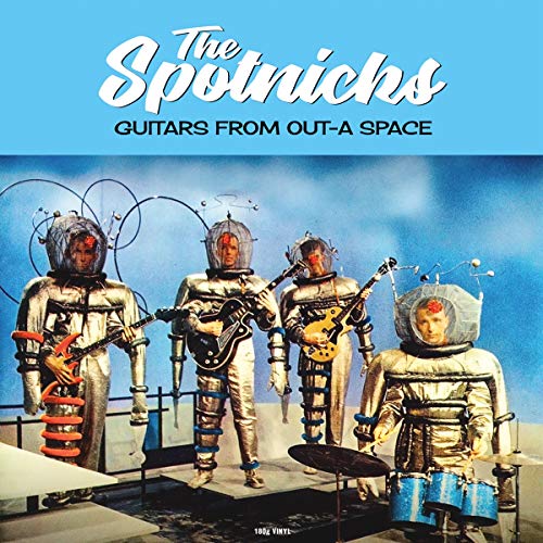 Band in silver spacesuits with guitars, retro album cover art.