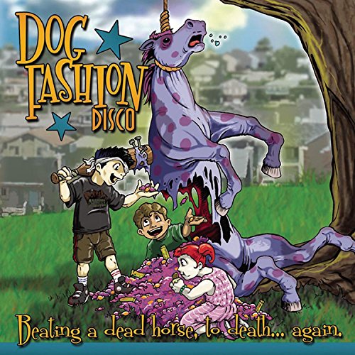 CD cover: cartoon depicts people attacking a hanging, injured unicorn.