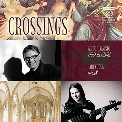 CD cover for "Crossings" featuring musicians and church organ pipes.