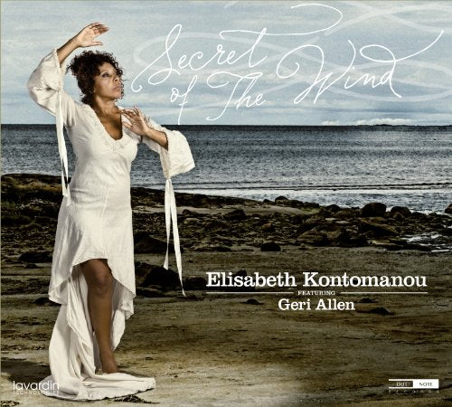 "Album cover featuring a woman in white dress standing on a rocky beach."
