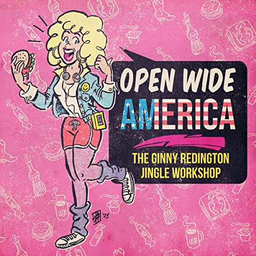 Cartoon woman with food and Americana icons on a pink background.