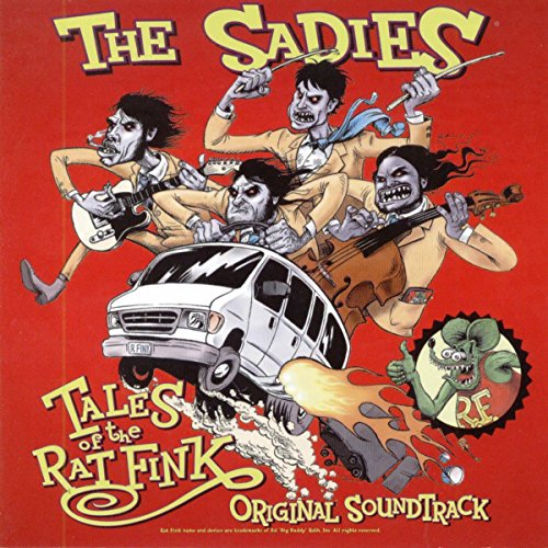 Red album cover with cartoon musicians playing instruments, crashing a van, in yellow suits.