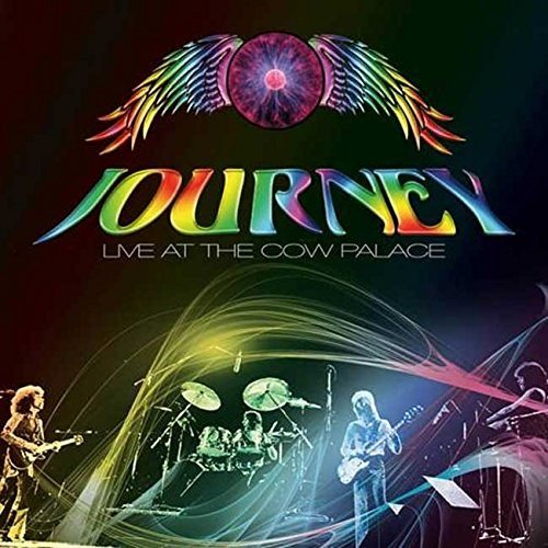 Journey album cover: colorful logo, band performing onstage, 1977 concert.