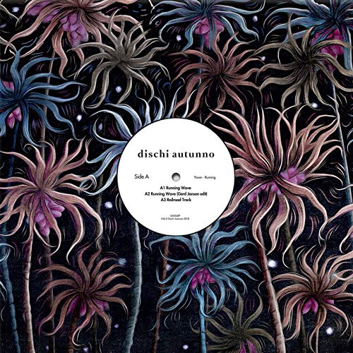 Vinyl record label with floral design in shades of purple and blue.