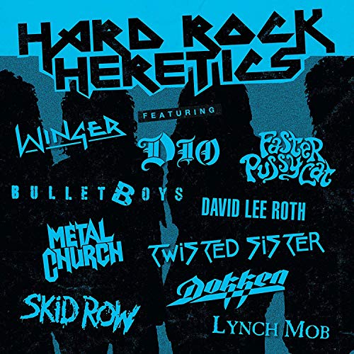 "Black and blue album cover with 'Hard Rock Heretics' title and artist names listed."