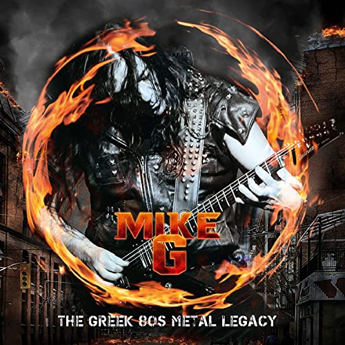 CD cover featuring a guitarist framed by flames and a city backdrop.