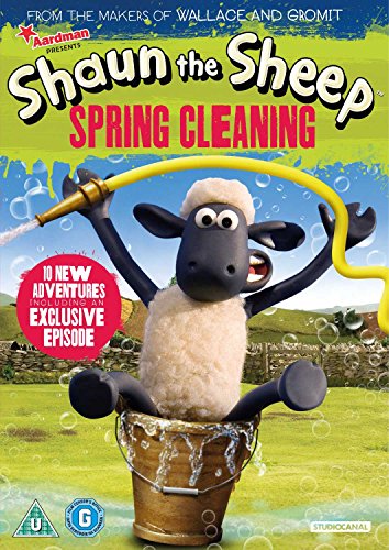 "Shaun the Sheep DVD cover featuring a sheep in a bucket with a hose."
