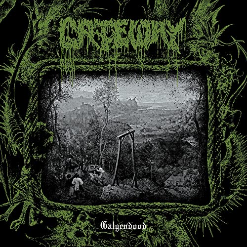 CD cover: dark landscape with a gallows and ornate green border.