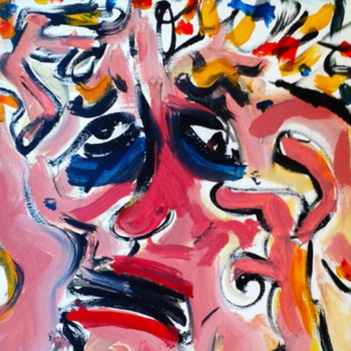 The image shows an abstract painting of a face. Here is a possible alt text: "Abstract painting of a face with bold brushstrokes and vibrant colors."