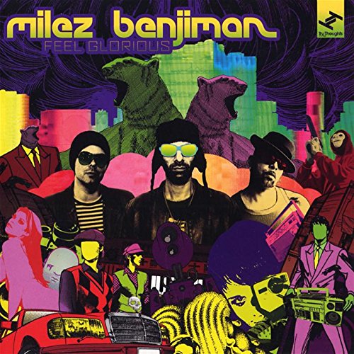 "Album cover with three men and colorful, stylized cityscape and various figures."