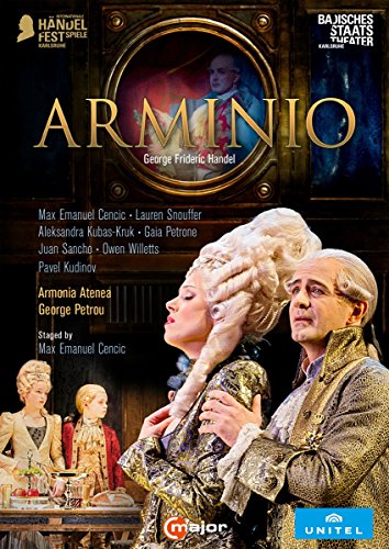 DVD cover for "Arminio" featuring actors in 18th-century attire with gold text overlay.