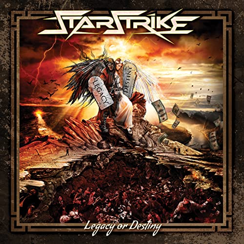Album cover for Starstrike: "Legacy or Destiny" featuring figures and stormy landscape.
