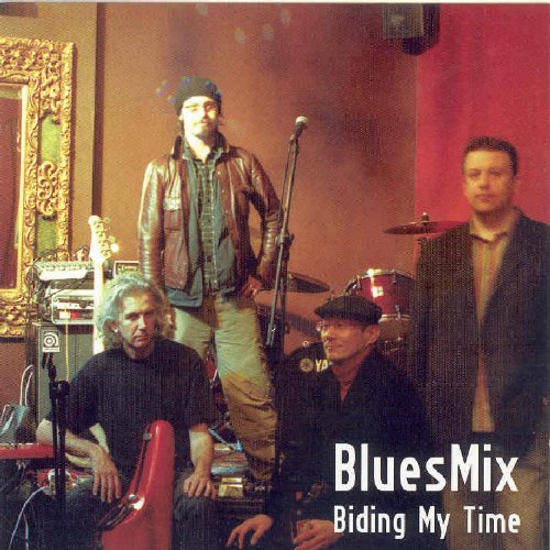 "Album cover featuring four men, with 'BluesMix Biding My Time' text at the bottom."