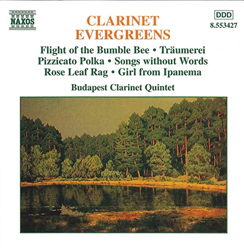 CD cover for "Clarinet Evergreens" featuring a forest landscape.