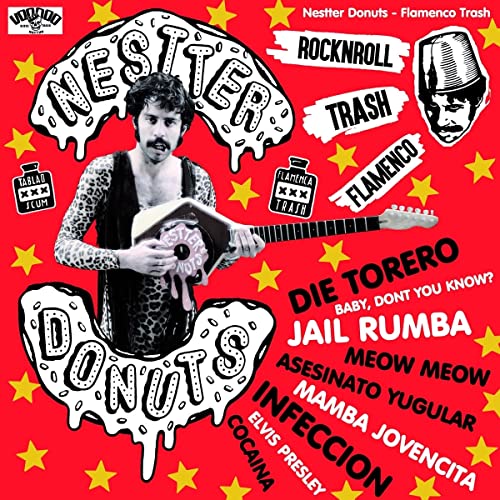 CD cover with a man in leopard print holding a guitar on red background.