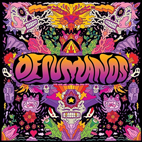 Psychedelic album cover for "Desumanos" featuring a tiger and colorful imagery.