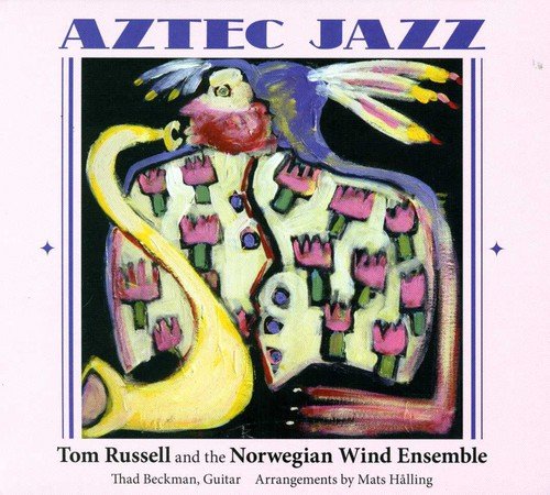 "CD cover with abstract illustration of a man playing a saxophone, pink background."