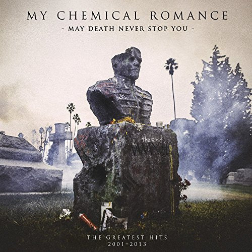 "Album cover featuring a weathered statue on a pedestal surrounded by smoke and debris."