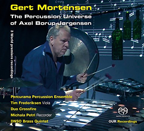 "CD cover featuring a man playing percussion instruments with text overlay and logos."