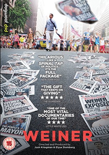 DVD cover for documentary "Weiner" featuring a man walking amidst news headlines.