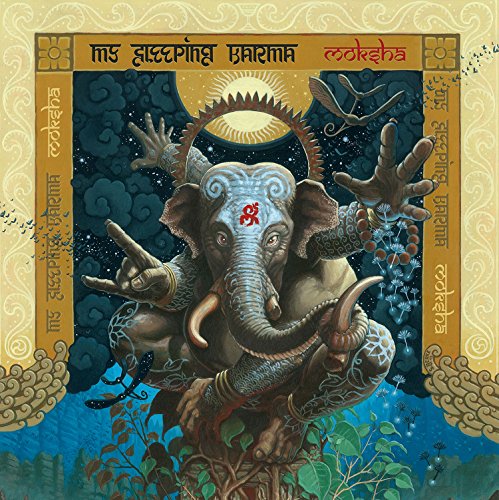 "Album cover with a multi-armed elephant figure surrounded by mystical elements and Sanskrit text."