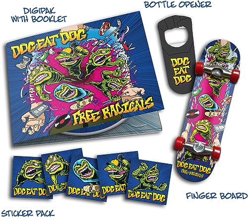 Dog Eat Dog" CD fanbox with colorful cartoon monsters, stickers, and a fingerboard.