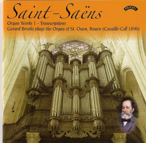 CD cover featuring a large pipe organ and portrait of Saint-Saëns.