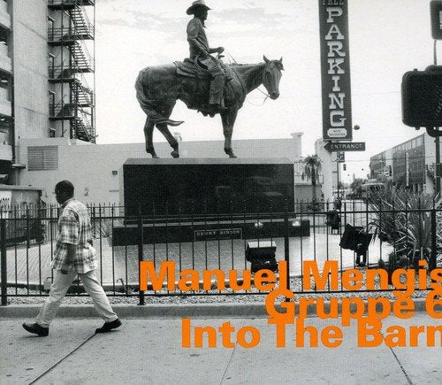 A black-and-white cityscape with a statue and orange text overlay on the bottom right.