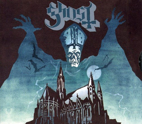 "Album cover featuring a gothic church and a ghostly figure in a bishop's hat."