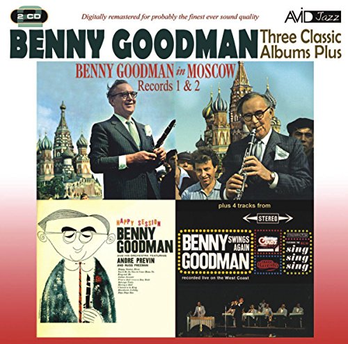 "CD cover featuring Benny Goodman with three smaller album covers and a red gradient."