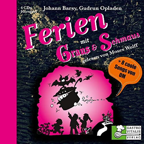 "CD cover with pink and black design, featuring silhouettes of children and a witch."