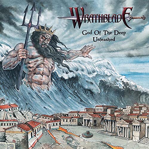 Album cover: muscular god with trident rising from stormy ocean waves.