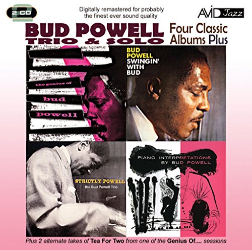 "Album cover with a collage of four Bud Powell album covers and a pink gradient background."