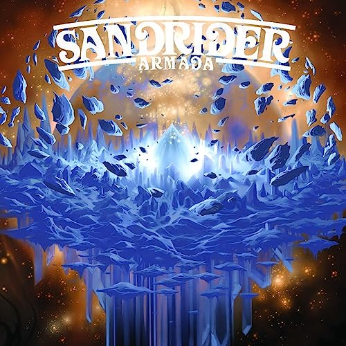 Album cover for Sandrider’s “Armada” featuring a blue, mountainous landscape.