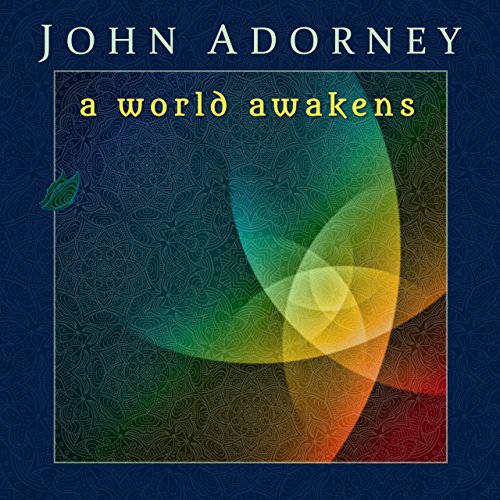 "Album cover with rainbow spiral design on blue background, titled 'A World Awakens'."
