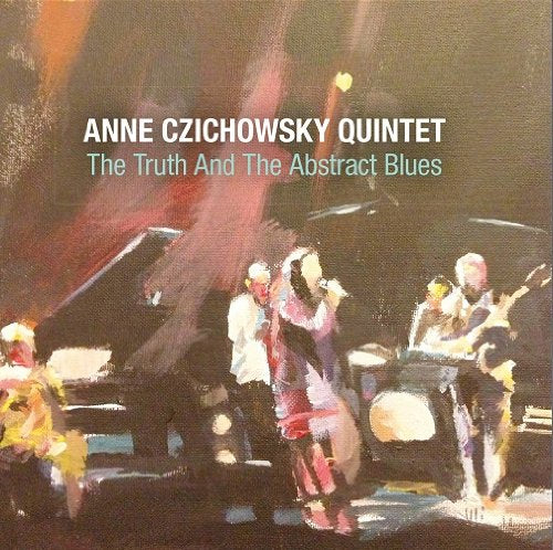 CD case cover with abstract painting of jazz musicians performing on stage.