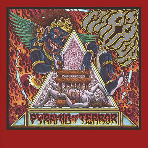 Album cover: demonic figure, pyramid, and figures in a fiery, surreal scene.