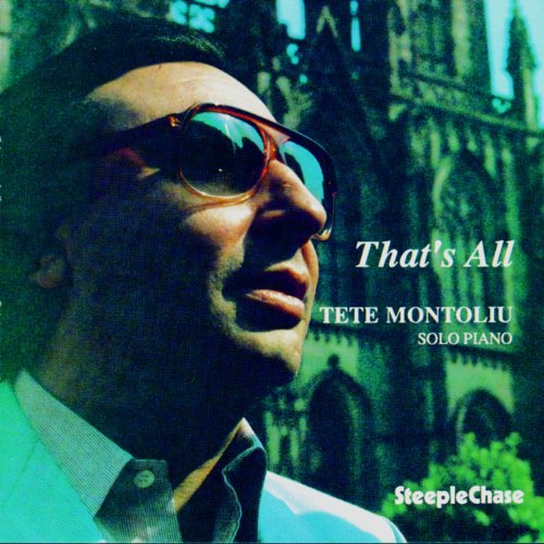 "Tete Montoliu album cover with a man wearing sunglasses in front of a cathedral."
