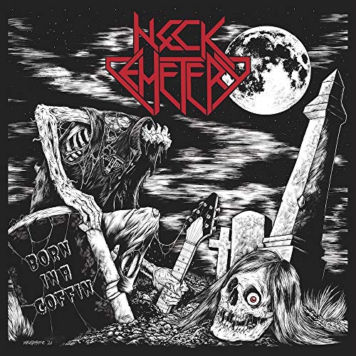 "Album cover art: Grim reaper and skulls in a graveyard under a full moon."