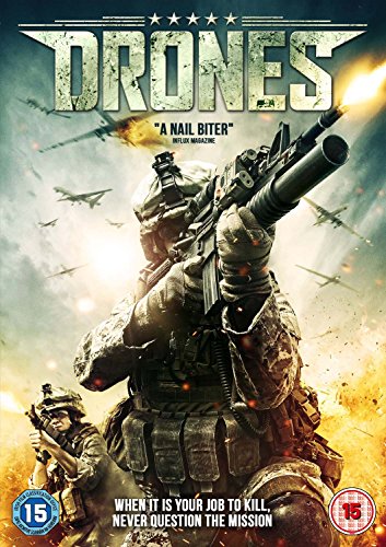 DVD cover for "Drones" featuring a soldier with a large rifle and aircraft.