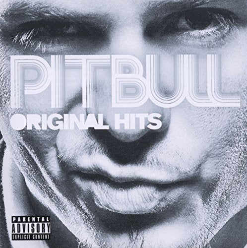 "Album cover with a close-up of a man's face and 'Pitbull Original Hits' text."