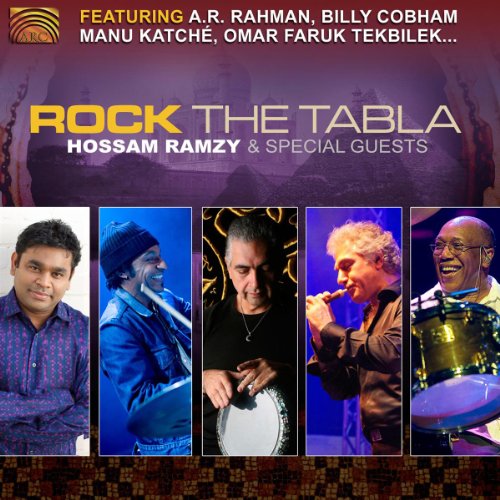 "CD cover with five musicians and 'Rock the Tabla' title in yellow and white text."