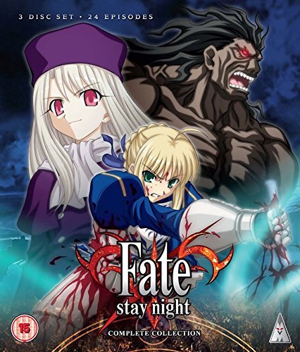 "Fate/stay night" Blu-ray cover featuring three anime characters with dark, fantastical background.