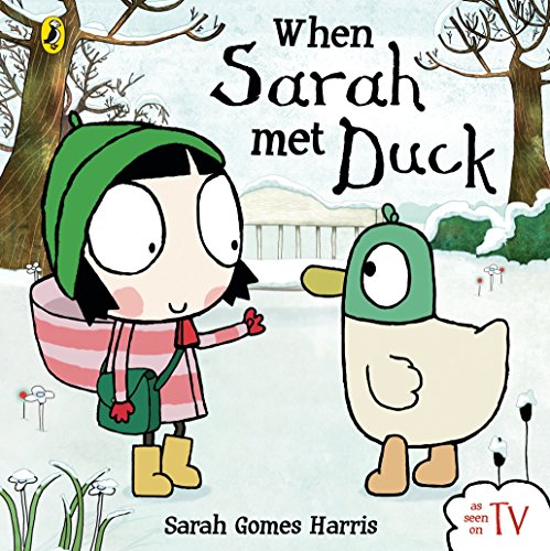 "Children's book cover featuring a girl and a duck in a snowy scene."