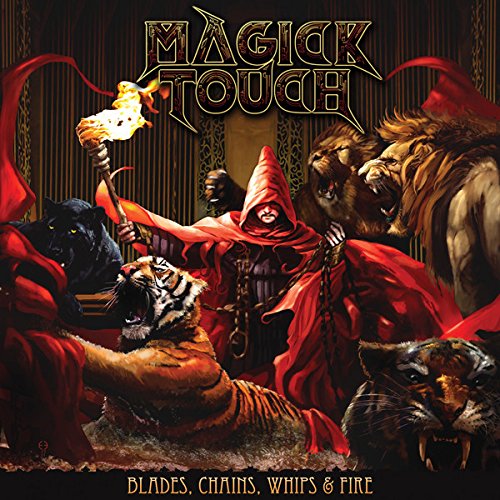 Fantasy album cover with hooded figure, animals, and fiery torch.