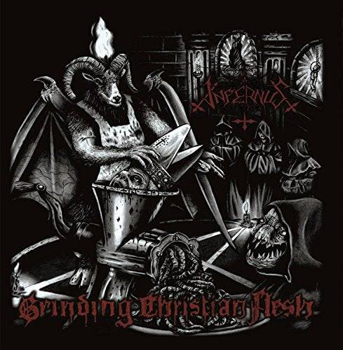 Baphomet illustration with red text on black background, depicting dark, gothic scene with figures.