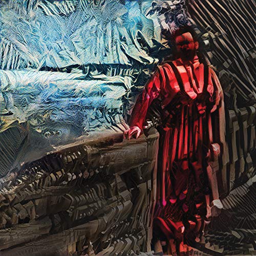 Red figure stands before a textured, abstract blue and white background.