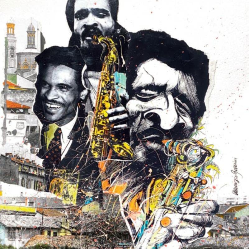 Collage of jazz musicians with saxophone, Milan cityscape backdrop.