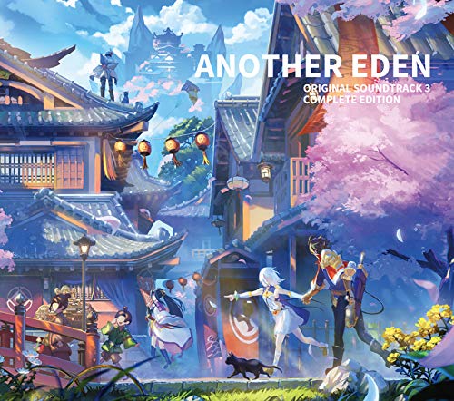 "Anime-style artwork of a Japanese village scene with title text on a blue background."